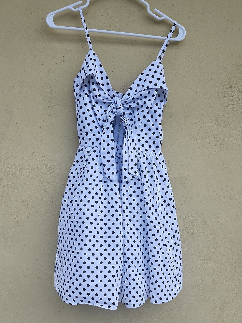 Papaya White and Black Polka Dot Tie-Front Spaghetti Strap Mini Dress